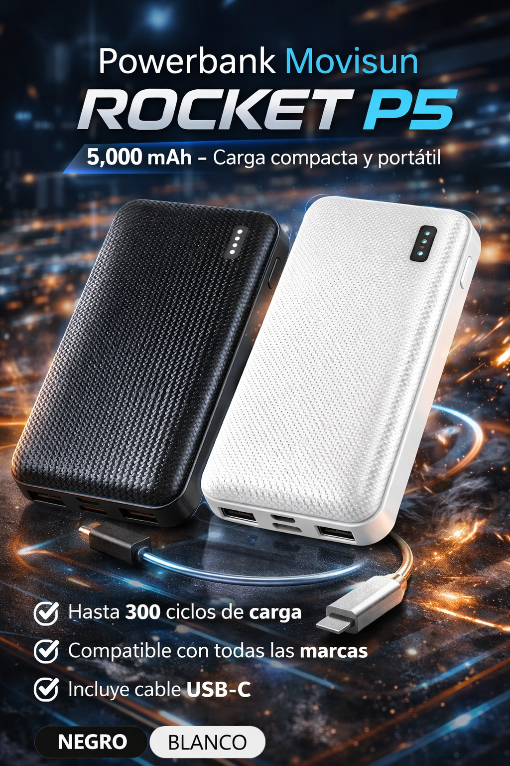 Movisun Rocket P5 – Powerbank Compacto 5.000mAh de Carga Rápida