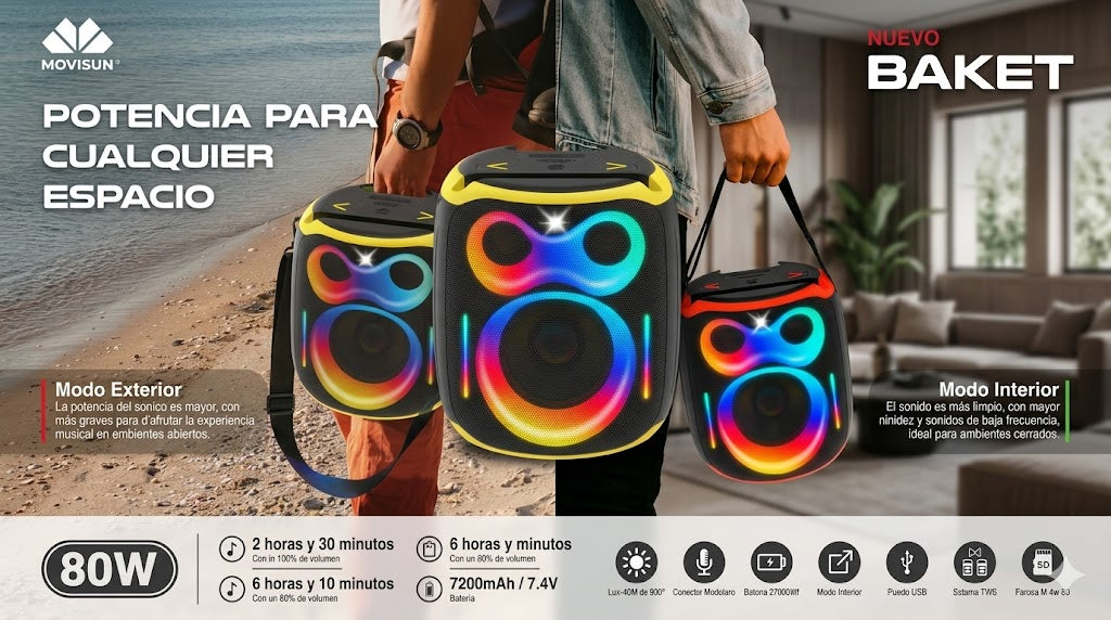 Parlante Bluetooth Movisun Baket 80W | Potencia Brutal y Diseño Moderno